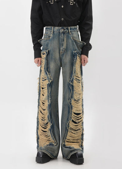 【LUCE GARMENT】Double lariat distressed wide denim pants  LG0071