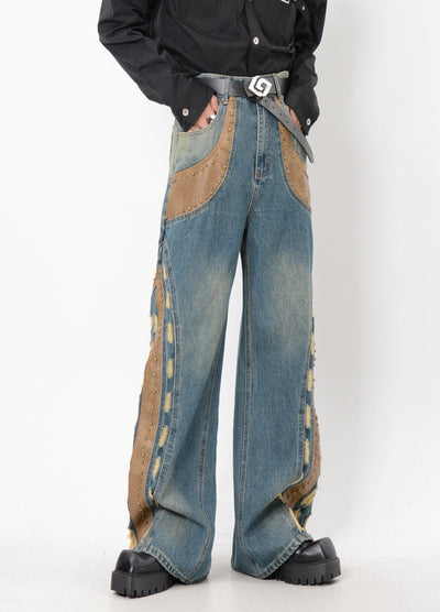 【LUCE GARMENT】Gimmick side line design wide denim pants  LG0062