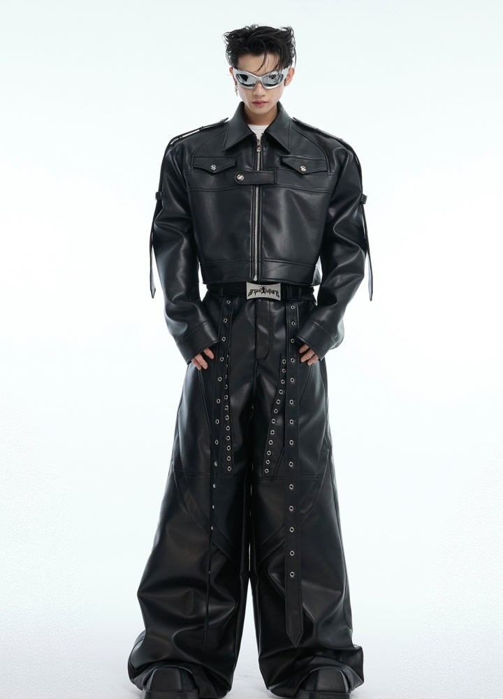 【Culture E】Faux leather belt set design wide pants  CE0180