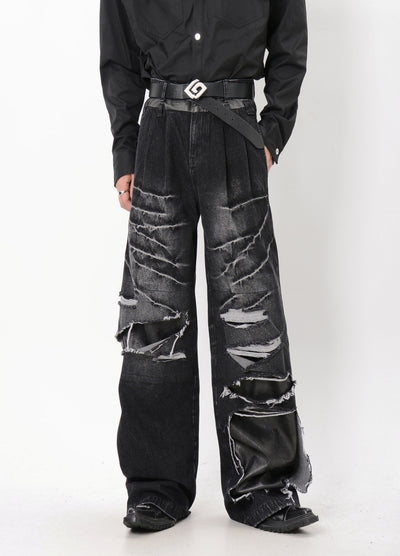 【LUCE GARMENT】Mid-wash hyper-distressed denim pants  LG0061