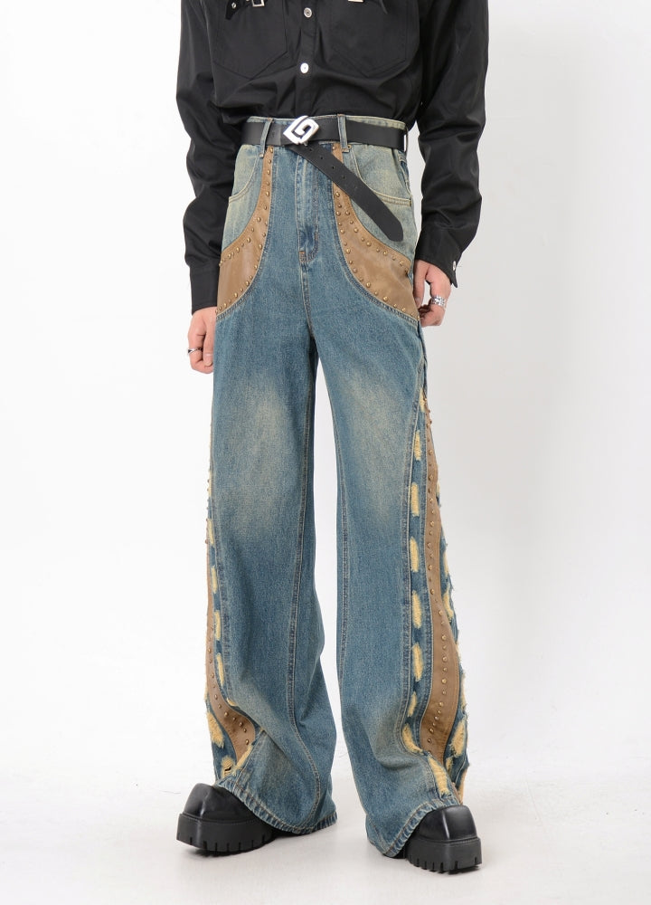 【LUCE GARMENT】Gimmick side line design wide denim pants  LG0062