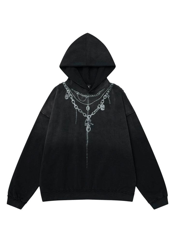 【OVDY】Chain necklace style illustration design gradient wash hoodie  OD0009