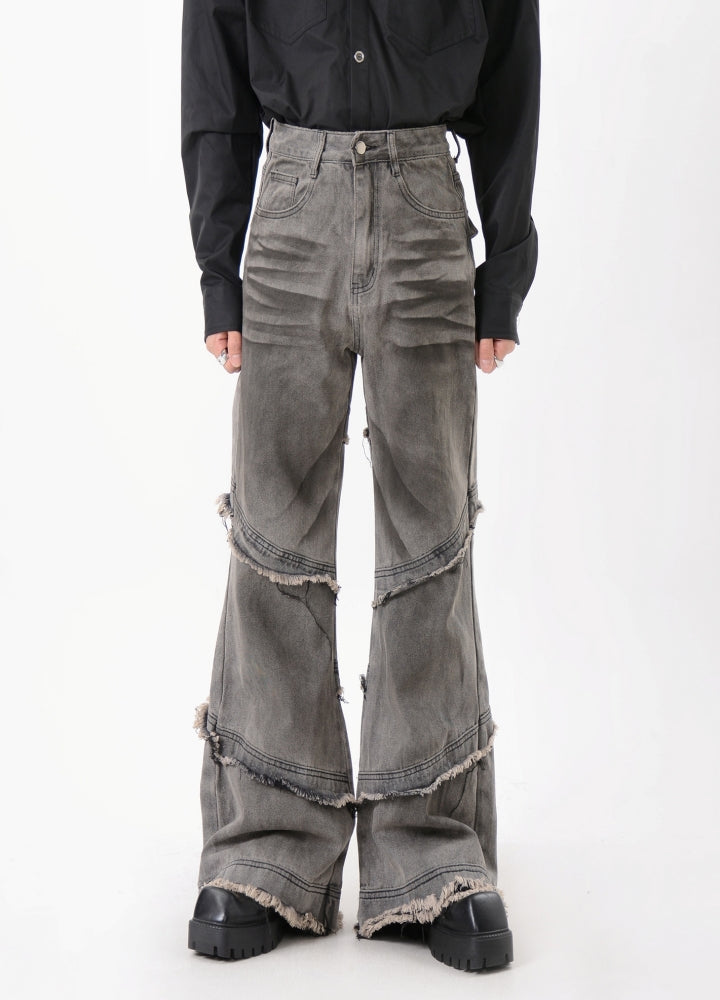 【LUCE GARMENT】Double fringe distressed dull color flare denim pants  LG0070