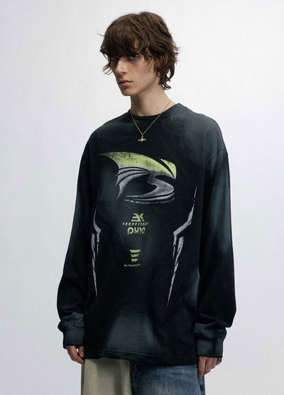 【OVDY】Sporty subculture style double wash green color long sleeve T-shirt  OD0010