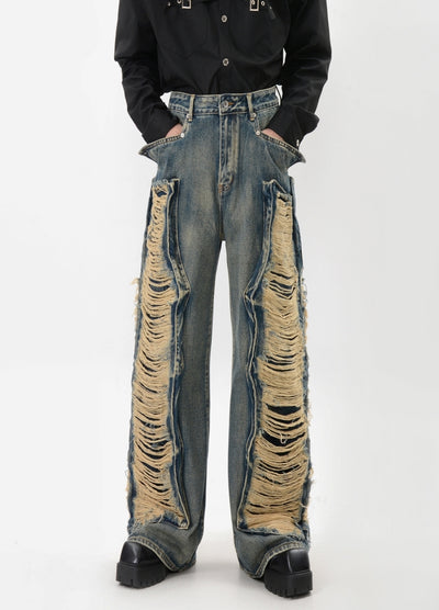 【LUCE GARMENT】Double lariat distressed wide denim pants  LG0071