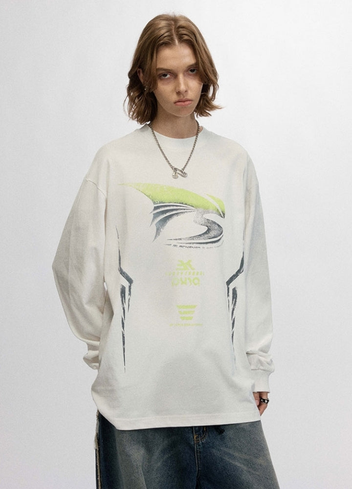 【OVDY】Sporty subculture style double wash green color long sleeve T-shirt  OD0010