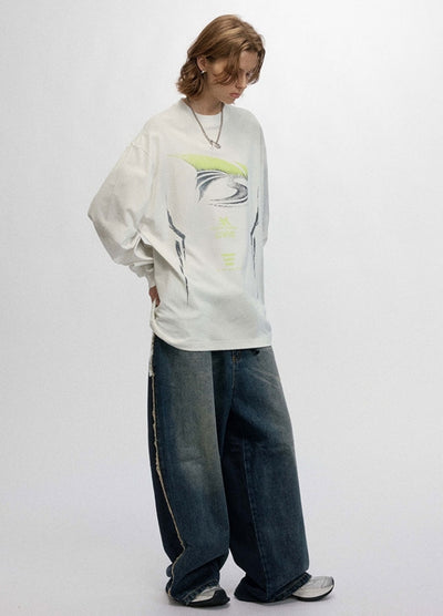 【OVDY】Sporty subculture style double wash green color long sleeve T-shirt  OD0010