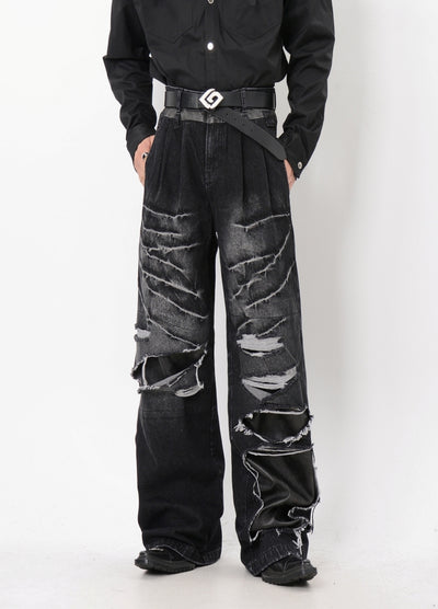 【LUCE GARMENT】Mid-wash hyper-distressed denim pants  LG0061