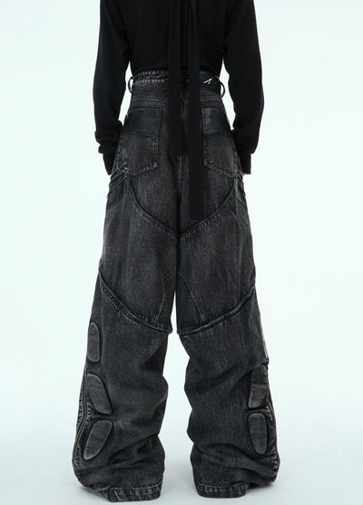 【Culture E】Acid gimmick parts design dull gray base wide flare denim pants  CE0186