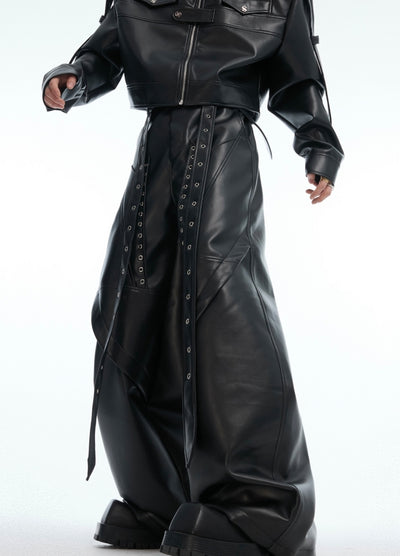 【Culture E】Faux leather belt set design wide pants  CE0180