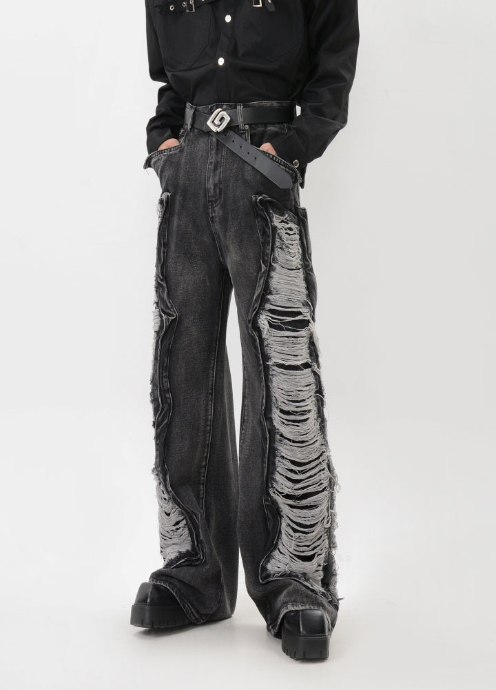 【LUCE GARMENT】Double lariat distressed wide denim pants  LG0071