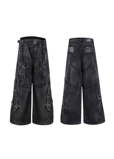 【Culture E】Acid gimmick parts design dull gray base wide flare denim pants  CE0186