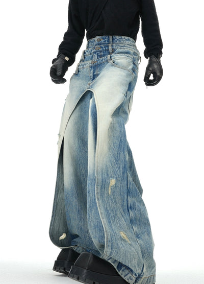 【Culture E】High waist design wave wide silhouette washed denim pants  CE0183