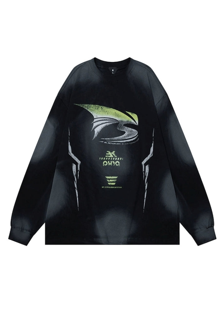 【OVDY】Sporty subculture style double wash green color long sleeve T-shirt  OD0010