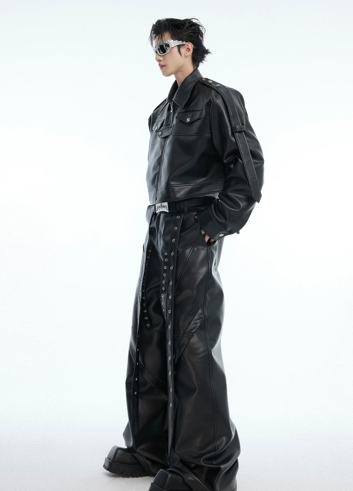 【Culture E】Faux leather belt set design wide pants  CE0180