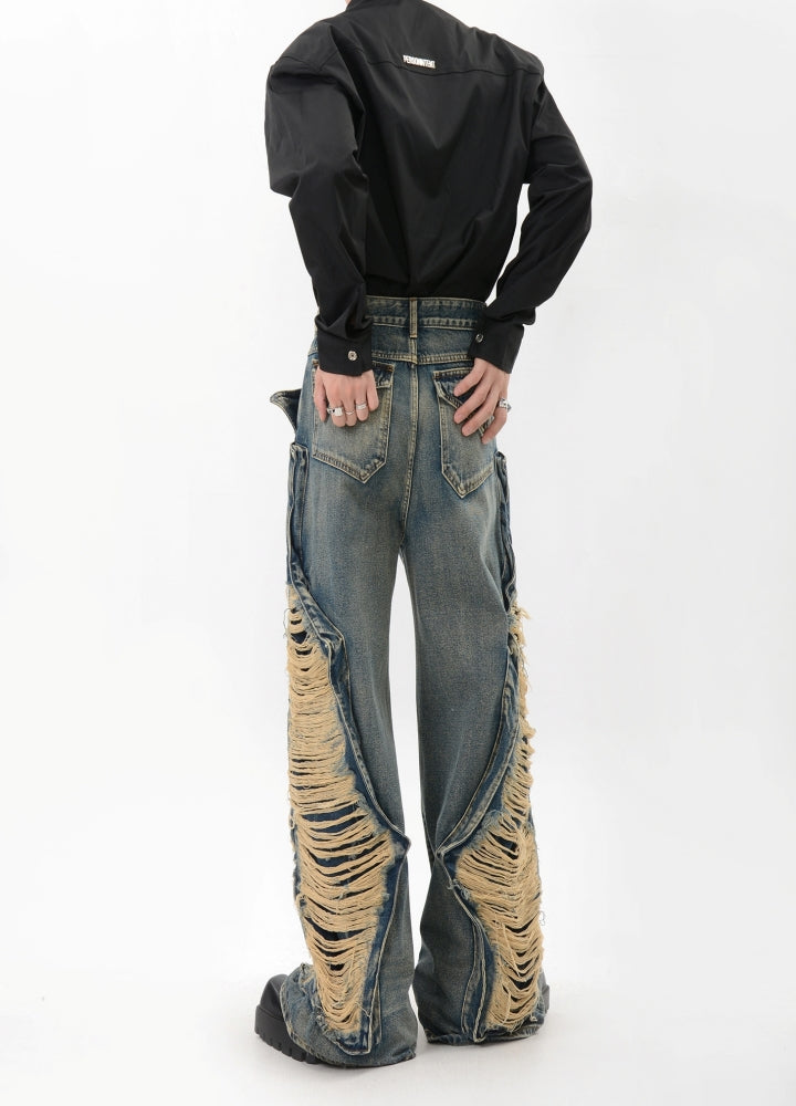 【LUCE GARMENT】Double lariat distressed wide denim pants  LG0071