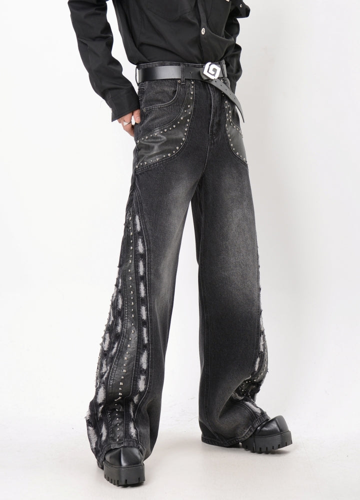 LUCE GARMENT】Gimmick side line design wide denim pants