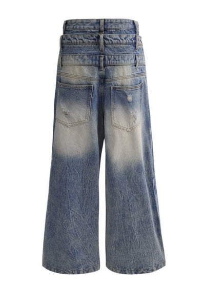 【Culture E】High waist design wave wide silhouette washed denim pants  CE0183