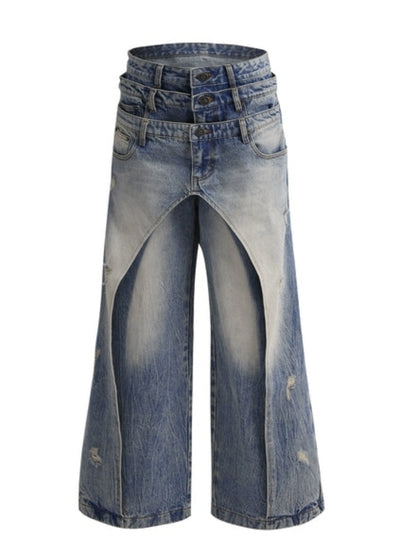 【Culture E】High waist design wave wide silhouette washed denim pants  CE0183