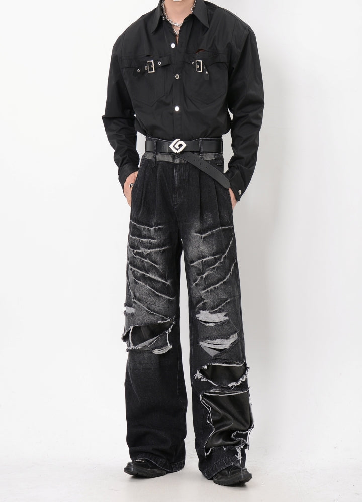 【LUCE GARMENT】Mid-wash hyper-distressed denim pants  LG0061