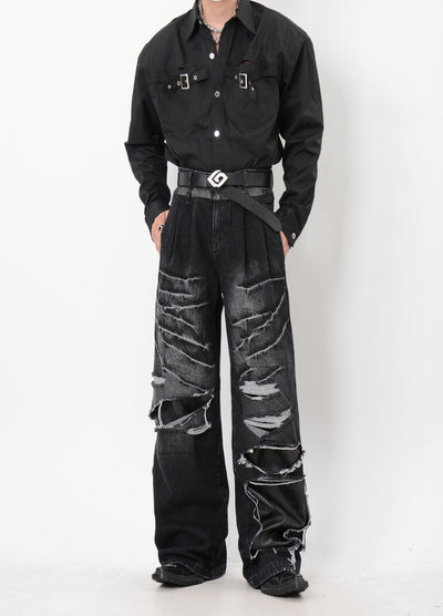 【LUCE GARMENT】Mid-wash hyper-distressed denim pants  LG0061