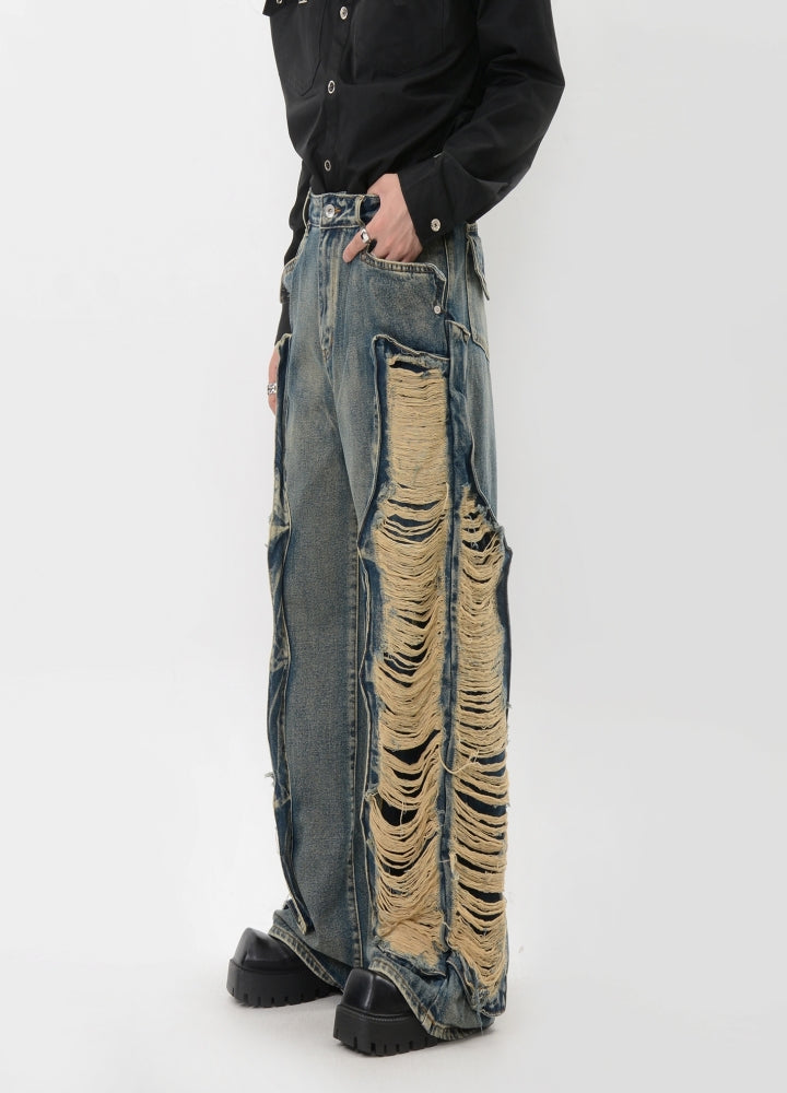 【LUCE GARMENT】Double lariat distressed wide denim pants  LG0071