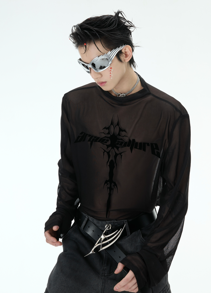 【Culture E】Cross subculture base transparent design tight size mode long sleeve T-shirt  CE0185