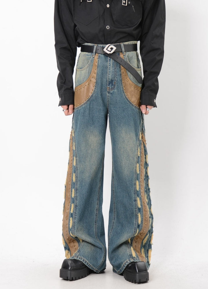 【LUCE GARMENT】Gimmick side line design wide denim pants  LG0062