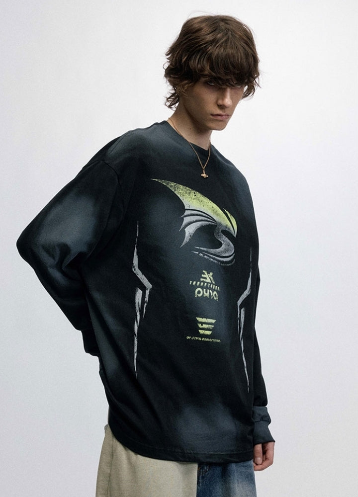 【OVDY】Sporty subculture style double wash green color long sleeve T-shirt  OD0010