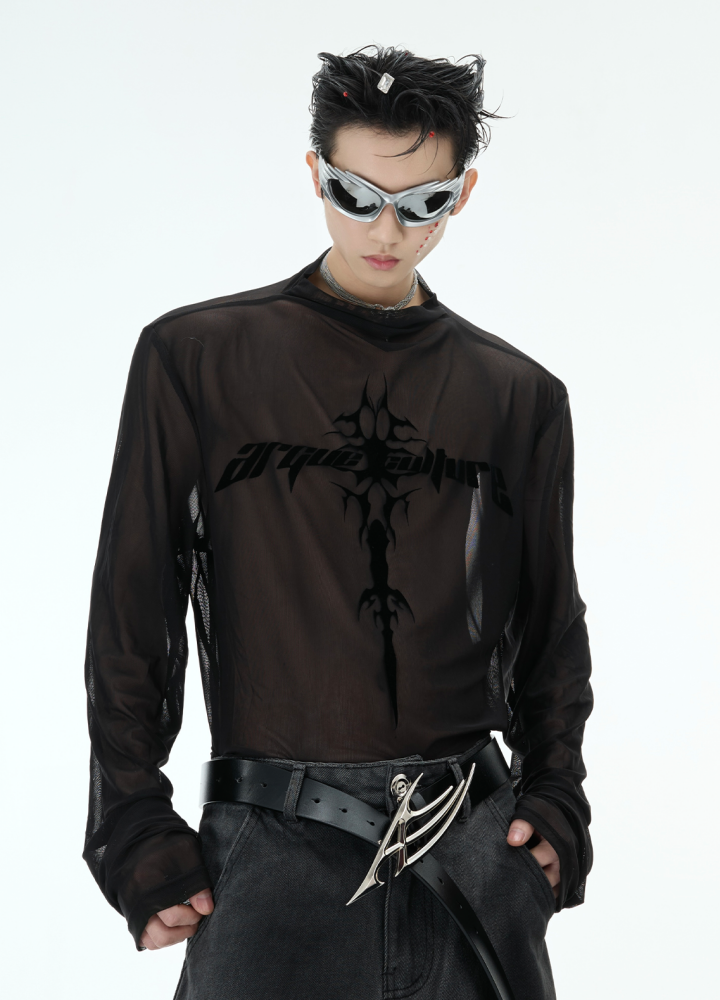 【Culture E】Cross subculture base transparent design tight size mode long sleeve T-shirt  CE0185