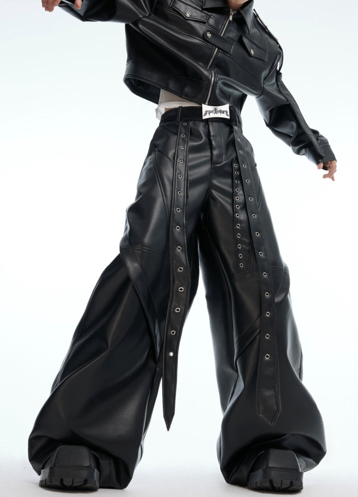 【Culture E】Faux leather belt set design wide pants  CE0180