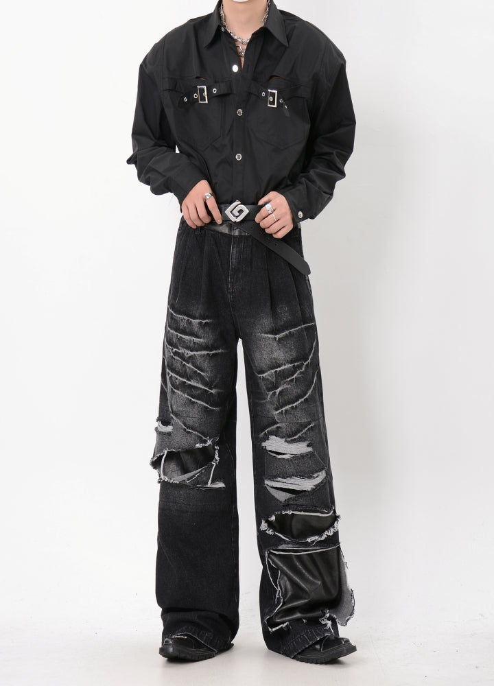 【LUCE GARMENT】Mid-wash hyper-distressed denim pants  LG0061