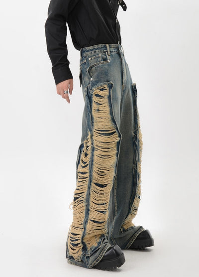 【LUCE GARMENT】Double lariat distressed wide denim pants  LG0071