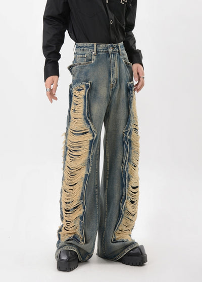 【LUCE GARMENT】Double lariat distressed wide denim pants  LG0071