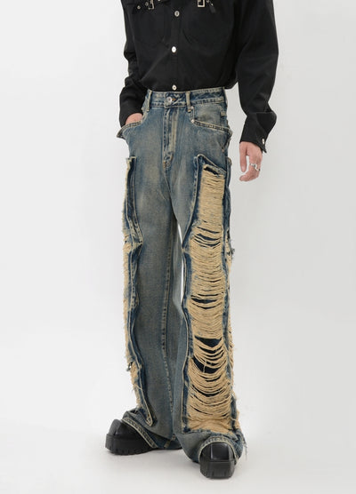 【LUCE GARMENT】Double lariat distressed wide denim pants  LG0071