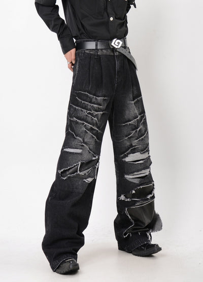 【LUCE GARMENT】Mid-wash hyper-distressed denim pants  LG0061