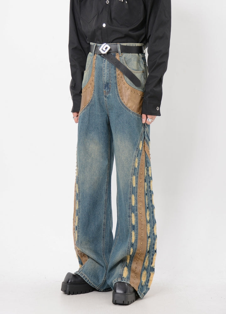 【LUCE GARMENT】Gimmick side line design wide denim pants  LG0062