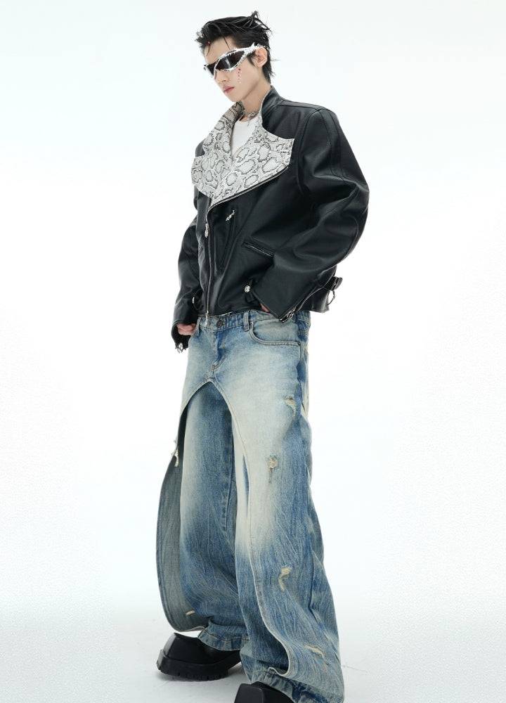 【Culture E】High waist design wave wide silhouette washed denim pants  CE0183