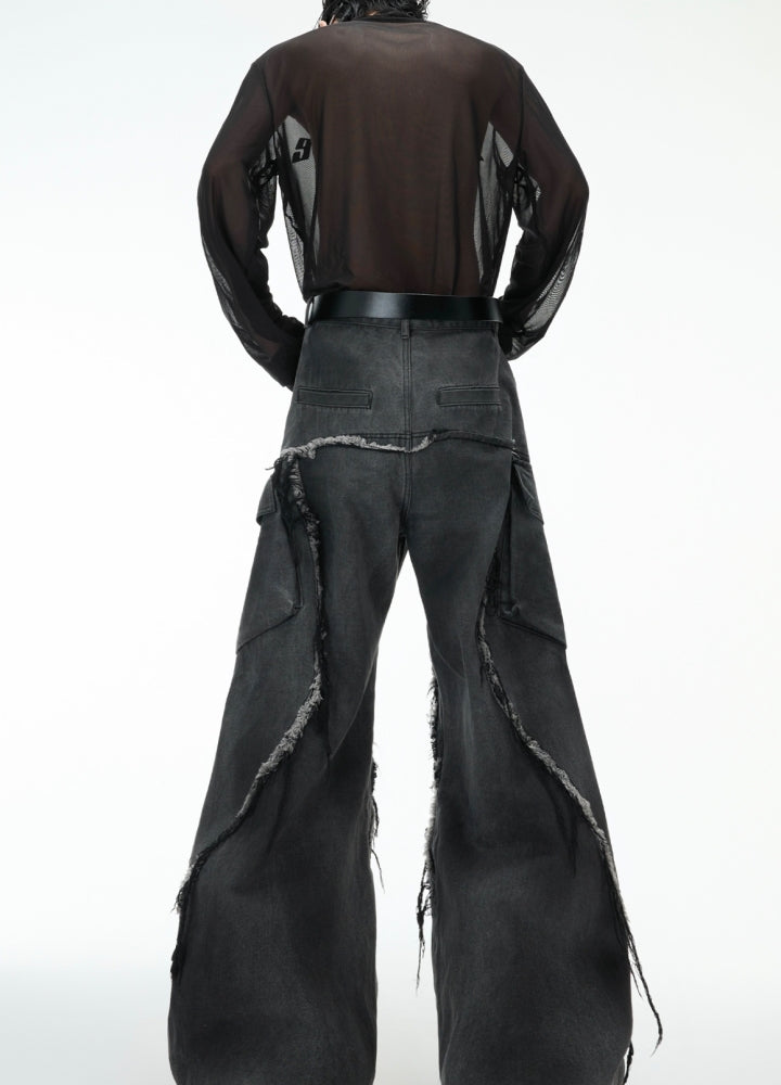 【Culture E】Vintage dull color fringe damaged cargo denim pants  CE0184