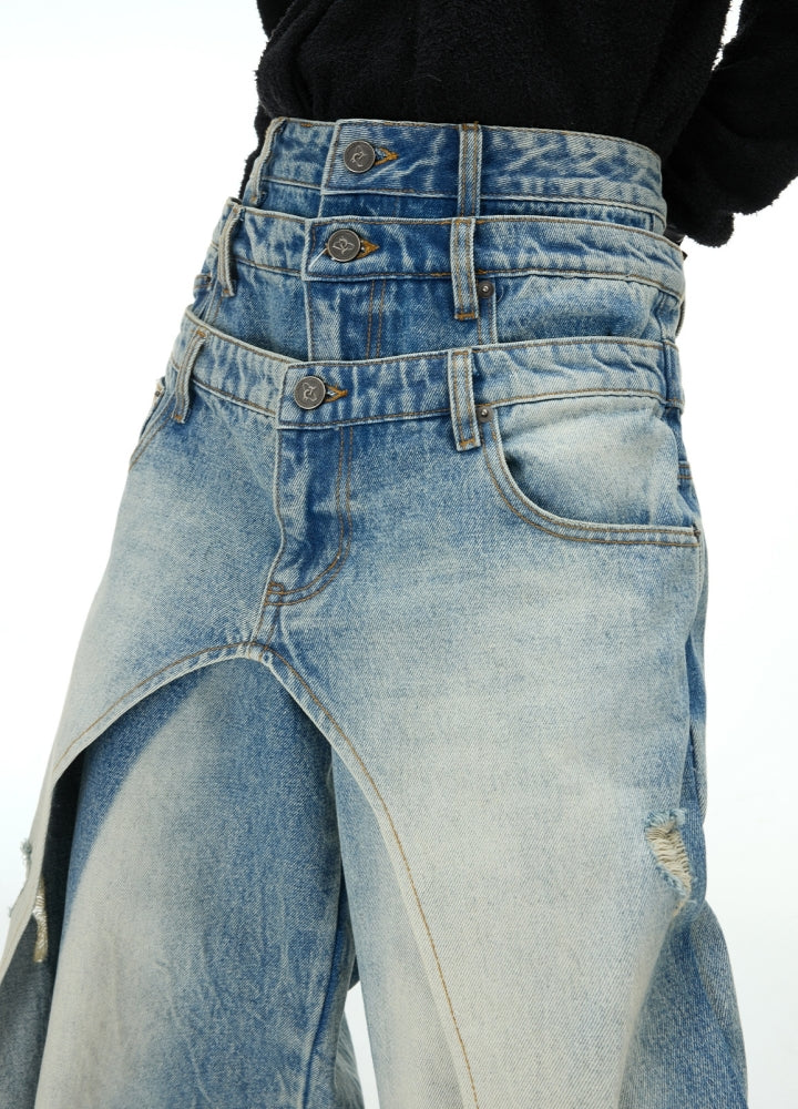 【Culture E】High waist design wave wide silhouette washed denim pants  CE0183