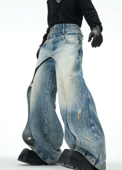 【Culture E】High waist design wave wide silhouette washed denim pants  CE0183