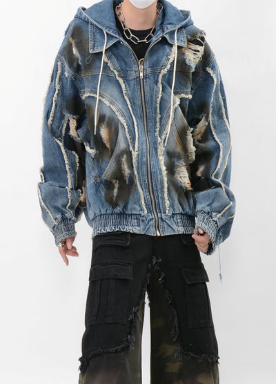 【LUCE GARMENT】Flame distressed vintage hoodie denim jacket  LG0074