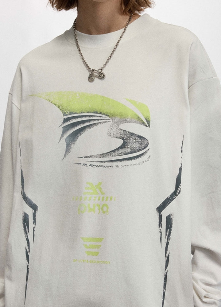 【OVDY】Sporty subculture style double wash green color long sleeve T-shirt  OD0010