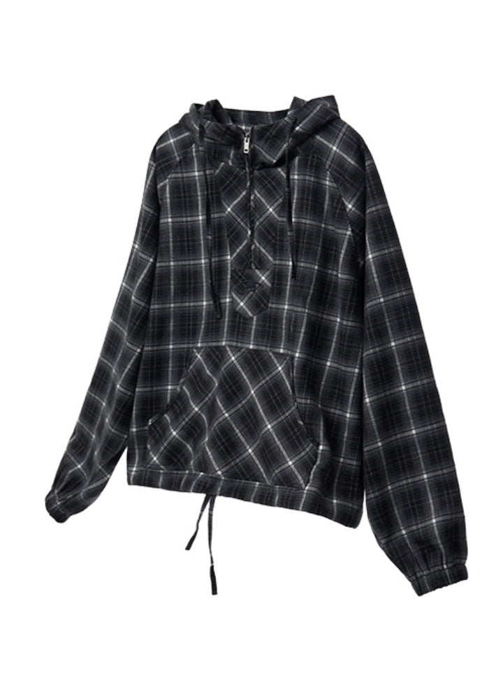 【People Style】Dull base check color design half zip hoodie  PS0059