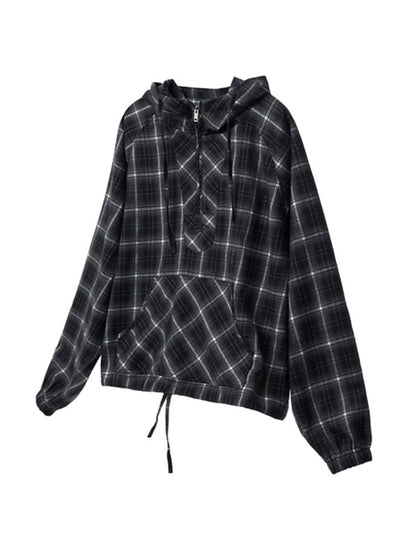 【People Style】Dull base check color design half zip hoodie  PS0059