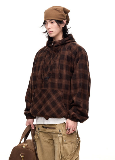 【People Style】Dull base check color design half zip hoodie  PS0059