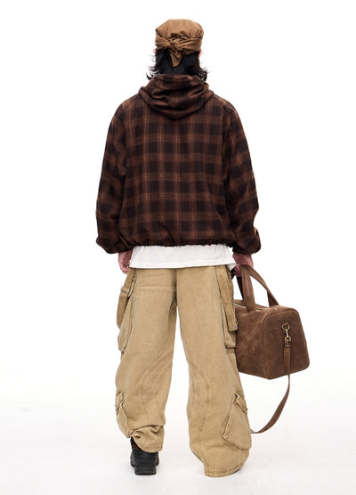 【People Style】Dull base check color design half zip hoodie  PS0059