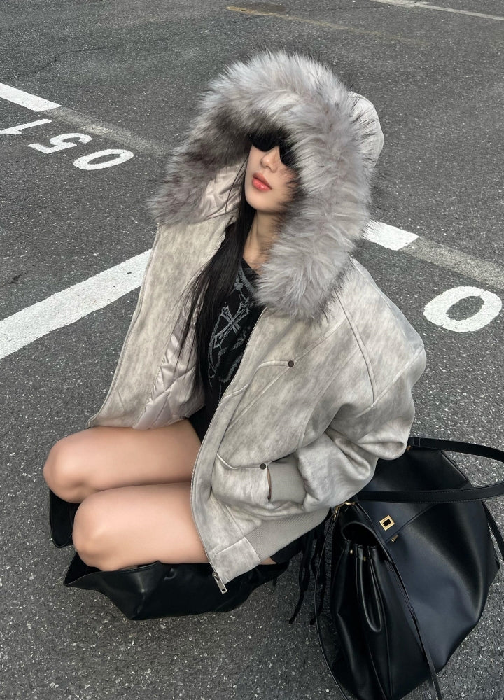 【ROY11】Fur hoodie design dull color trendy over jacket  RY0020