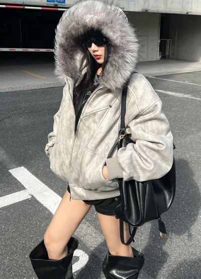 【ROY11】Fur hoodie design dull color trendy over jacket  RY0020