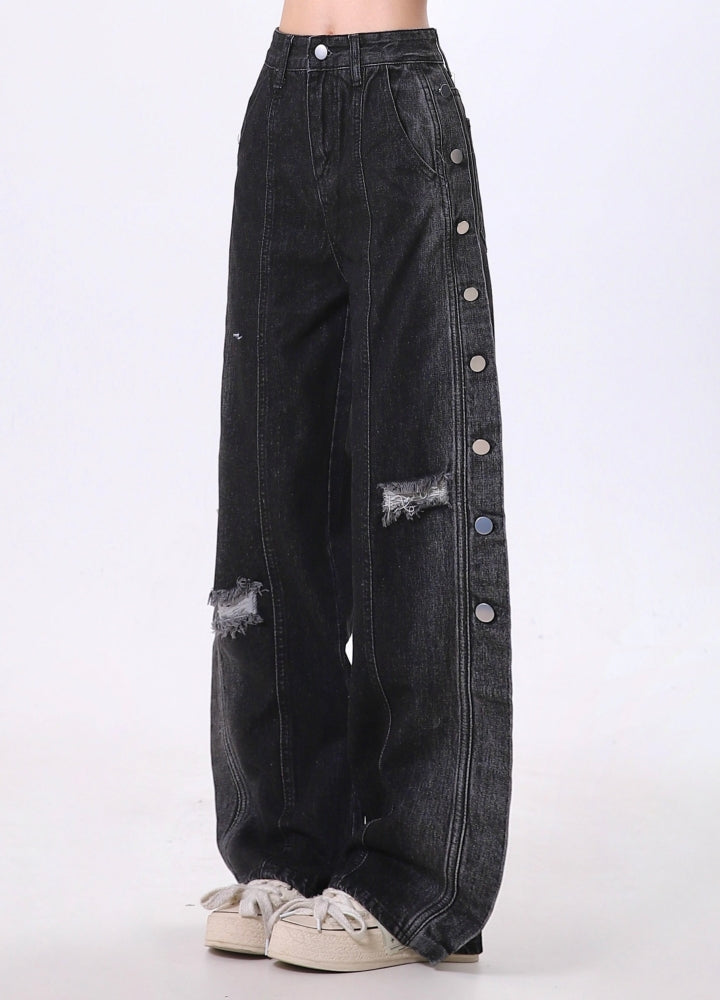 【Rayohopp】Side patchwork mid-length distressed denim pants  RH0138